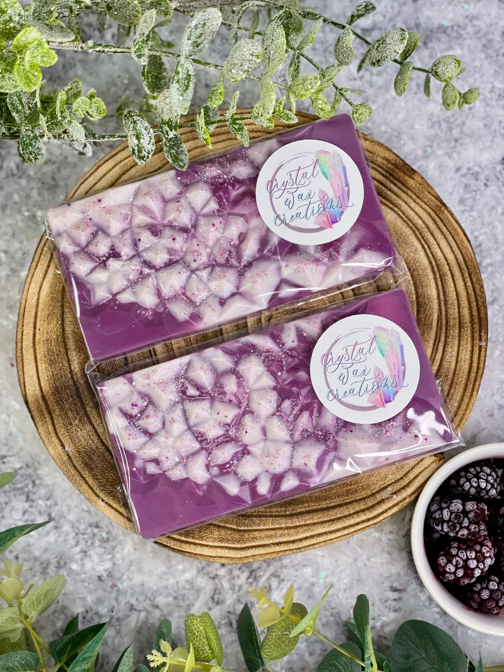 Purple & White Soy Wax melt Snap bar with geode design, scented in frosted brambleberry.